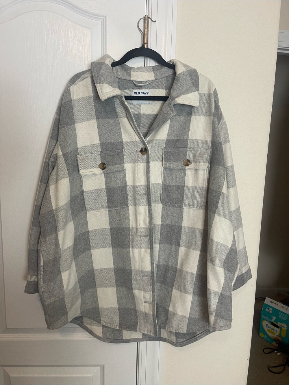 Old Navy Gray Cream Plaid Shacket Shirt Jacket 2X